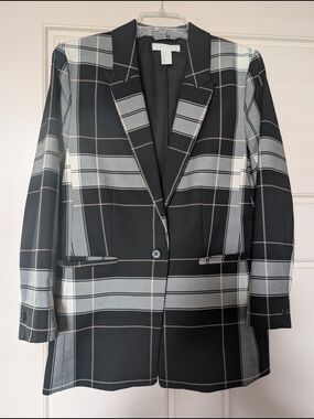 H&M Black and Gray Plaid Single-Button Blazer